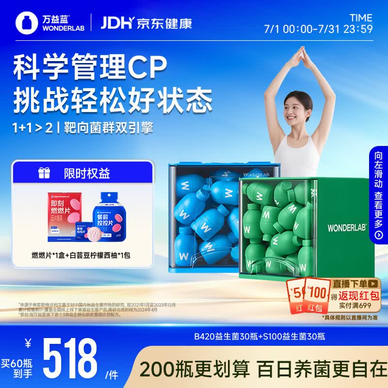 万益蓝（WONDERLAB）早B420晚S100组合30瓶+30瓶 益生菌减益生元棕色肥脂肪
