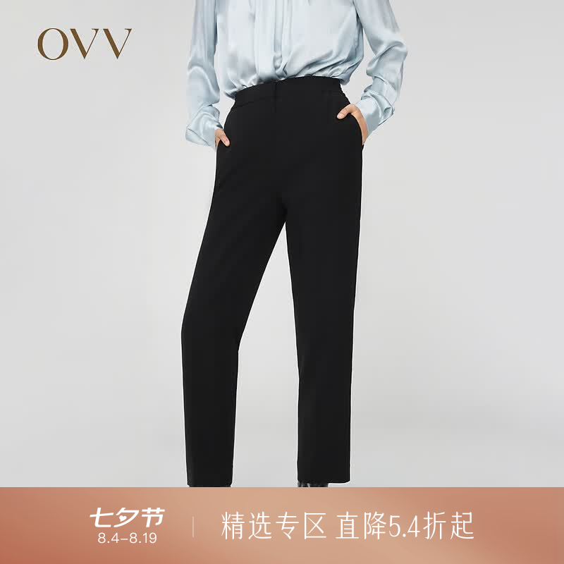 OVV秋冬热卖女装日本进口三醋酸侧后腰松紧休闲通勤长裤 黑色(净色)A3 M