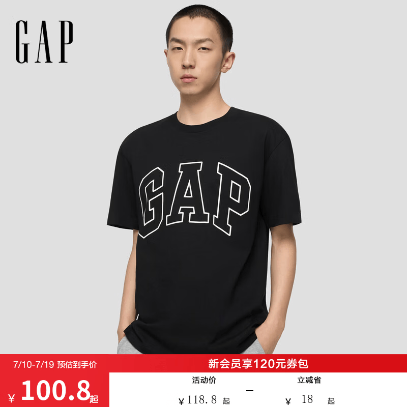 盖璞Gap男女装2026春季款纯棉印花logo短袖T恤美式725617 黑色 XL (180/100A) 亚洲尺码