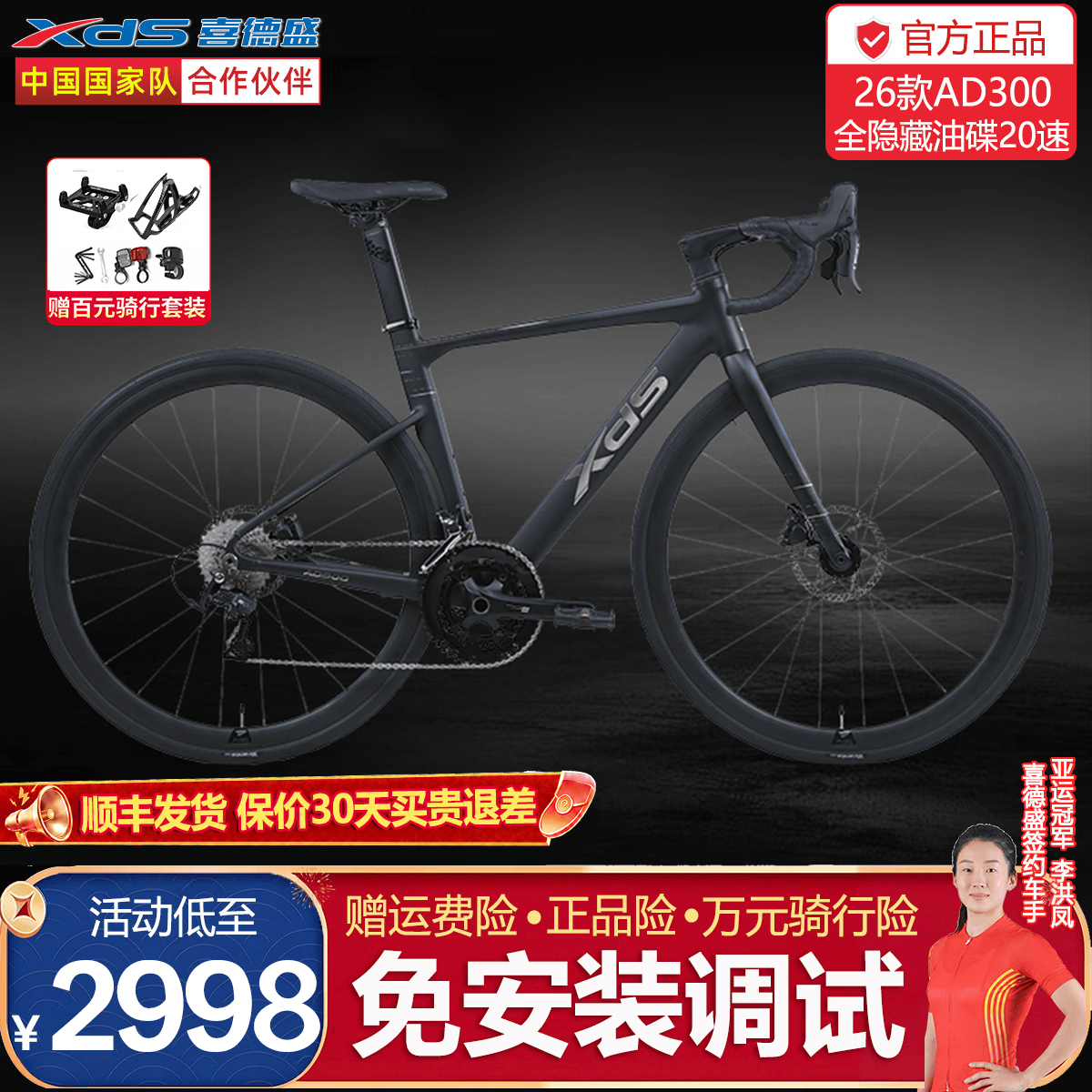 喜德盛（xds）26款AD300公路车自行车成人20速油碟桶轴全隐藏走线车架ad300 曜石黑【咨询免安装】 480mm|身高165~175cm 2026升级款