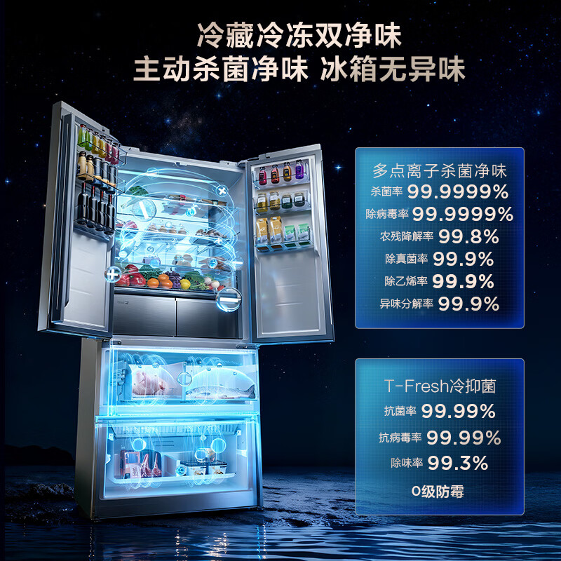 TCL双磁鲜515升法式多门四开门深冷磁鲜双系统双净味零嵌冰箱新一级能效风冷无霜电冰箱 R515T11N-DQS国家补贴