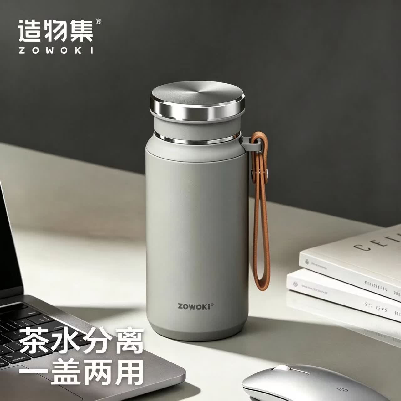 造物集保温杯男士商务保冷水杯茶水分离泡茶杯车载便携杯子大容量 凌云-灰色【茶水分离/杯盖喝水】480ml