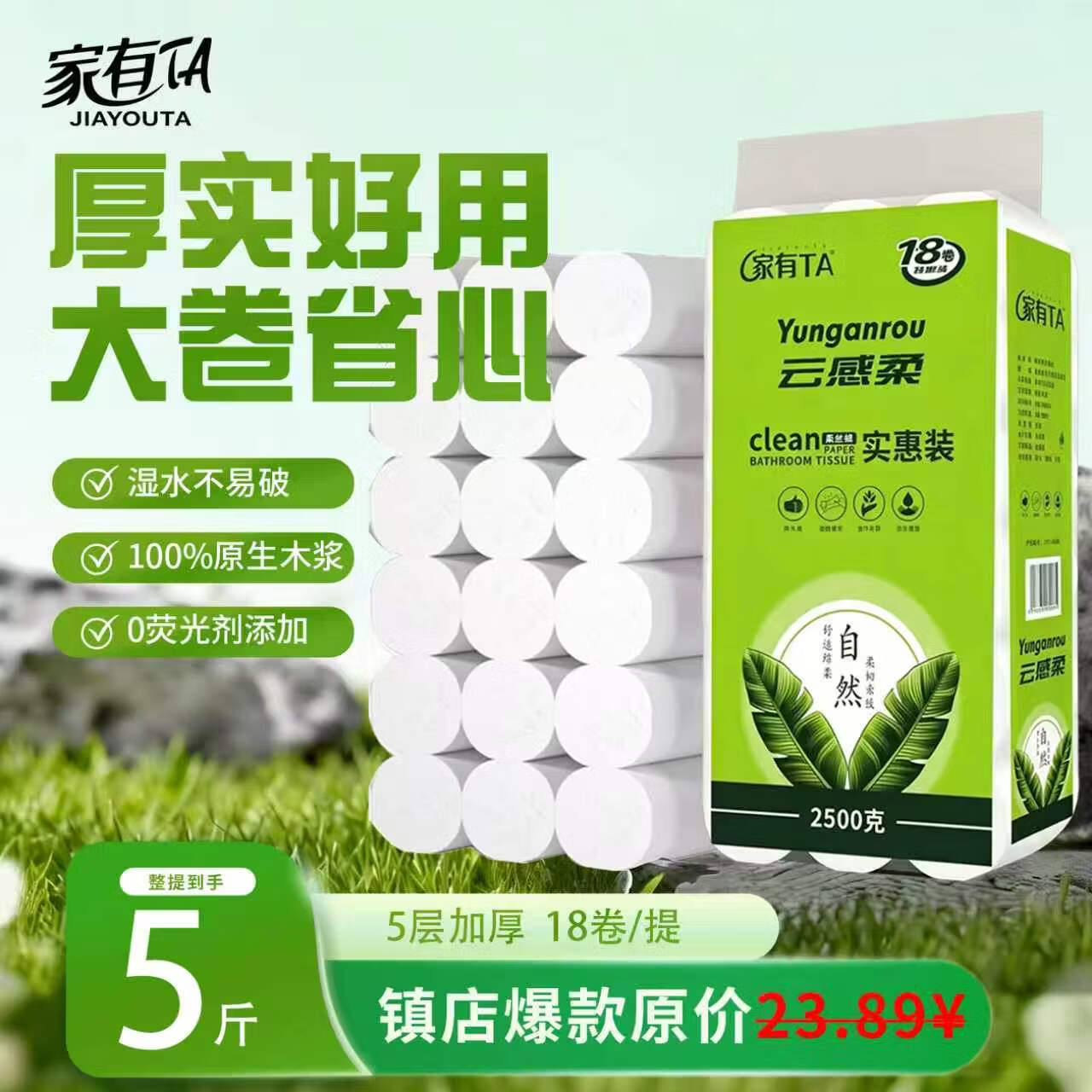 家有 TA5斤18卷可湿水面巾加厚卫生纸无芯卷纸家庭装大粗卷纸妇婴纸厕纸 5层 138g/卷*18卷 5斤