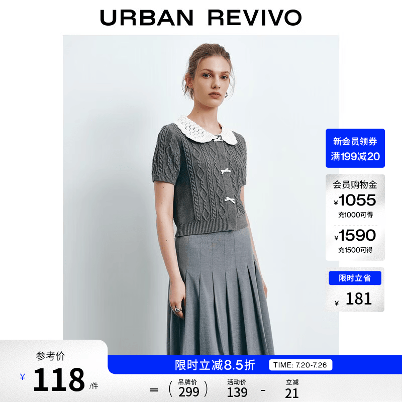 UR2026秋季新款女装都市撞色蕾丝翻领绞花针织开衫UYU960049+ 中灰 S