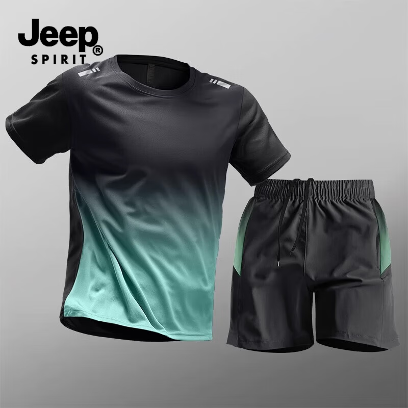 JEEP SPIRIT吉普运动套装男士夏冰丝速干衣健身t恤跑步短袖短裤羽毛球训练服 黑绿 2XL (建议体重130-150斤)