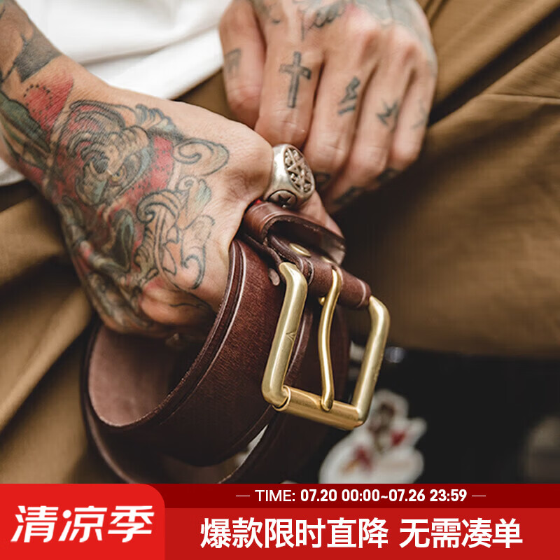 马登美式复古头层植鞣牛皮腰带黄铜单针扣头真皮皮带硬汉裤腰带男 深咖色