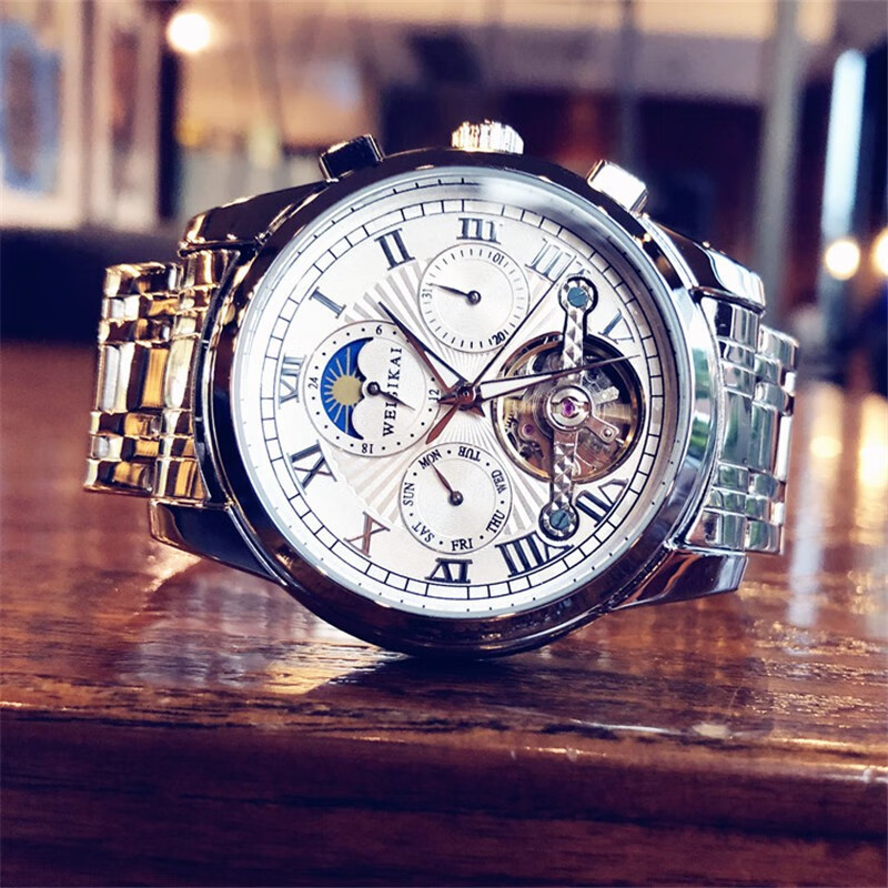 威斯凯(wsk)镂空飞轮全自动机械手表男士夜光防水多功能时尚潮流男神