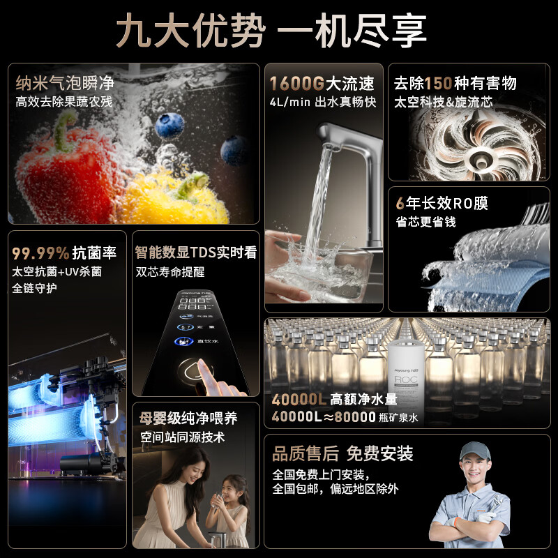 九阳(Joyoung)净水器2026年新款天净1600G纳米气泡洗果蔬去农残大流速一体机RO反渗透UV杀菌厨下饮水机 RP1616 【6年长效滤芯】1600G 纳米气泡洗