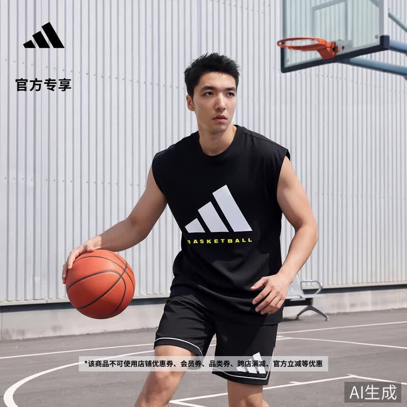 adidas基础款纯棉宽松针织篮球运动无袖背心男装夏季新款阿迪达斯   黑色   S