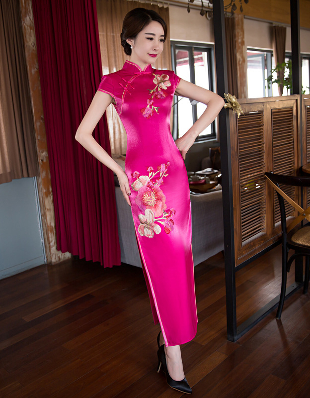 旗袍裙改良时尚日常加大码气质旗袍修身显瘦旗袍礼服中国风 玫红色,玫