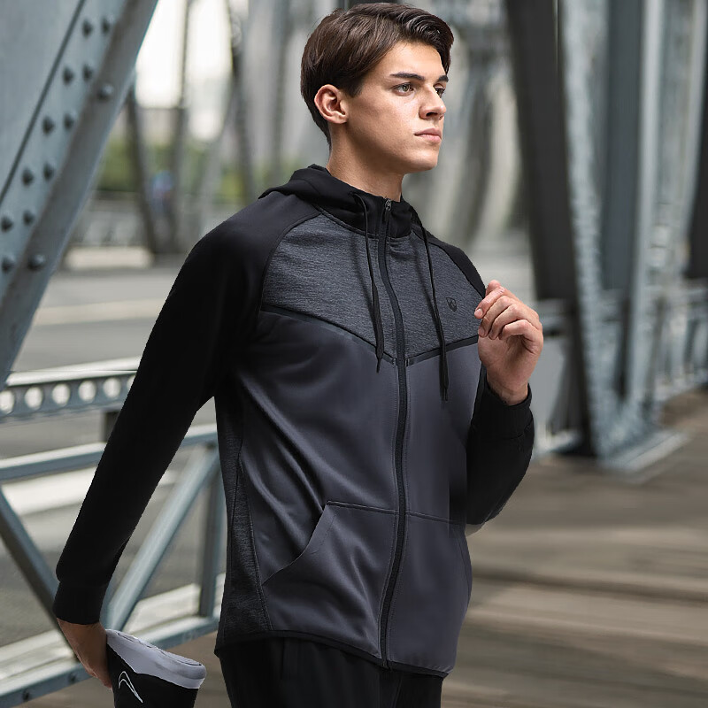 力为（Leevy）夹克男 秋季新款连帽夹克男青年潮流百搭外套休闲运动男装上衣 黑色/深灰 M