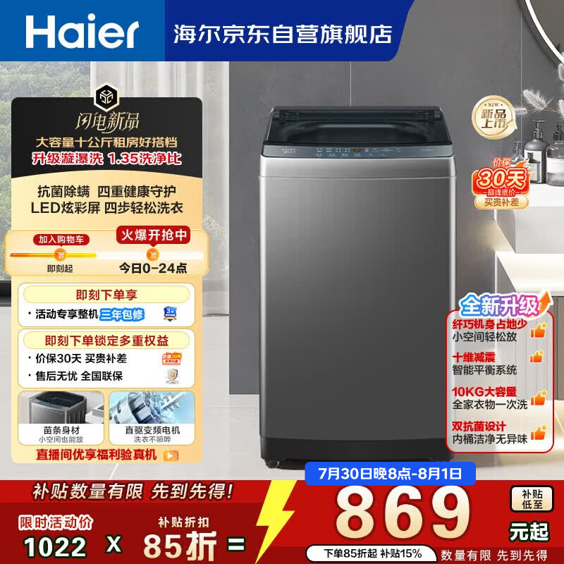 海尔（Haier）波轮洗衣机全自动 10KG 直驱变频 漩瀑洗 除菌螨 博卡灰 一级能效 家用大容量 XQB100-BZ2GD0