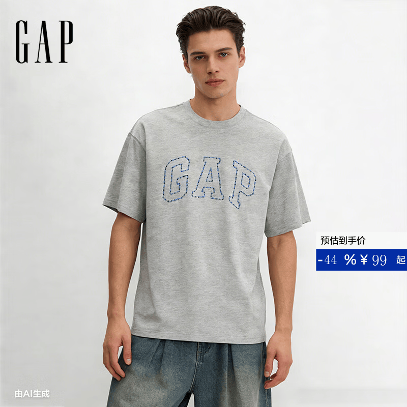 盖璞Gap男女装2026春季新款纯棉logo字母宽松短袖T恤百搭上衣 浅灰色 868224 L (175/96A)亚洲尺码