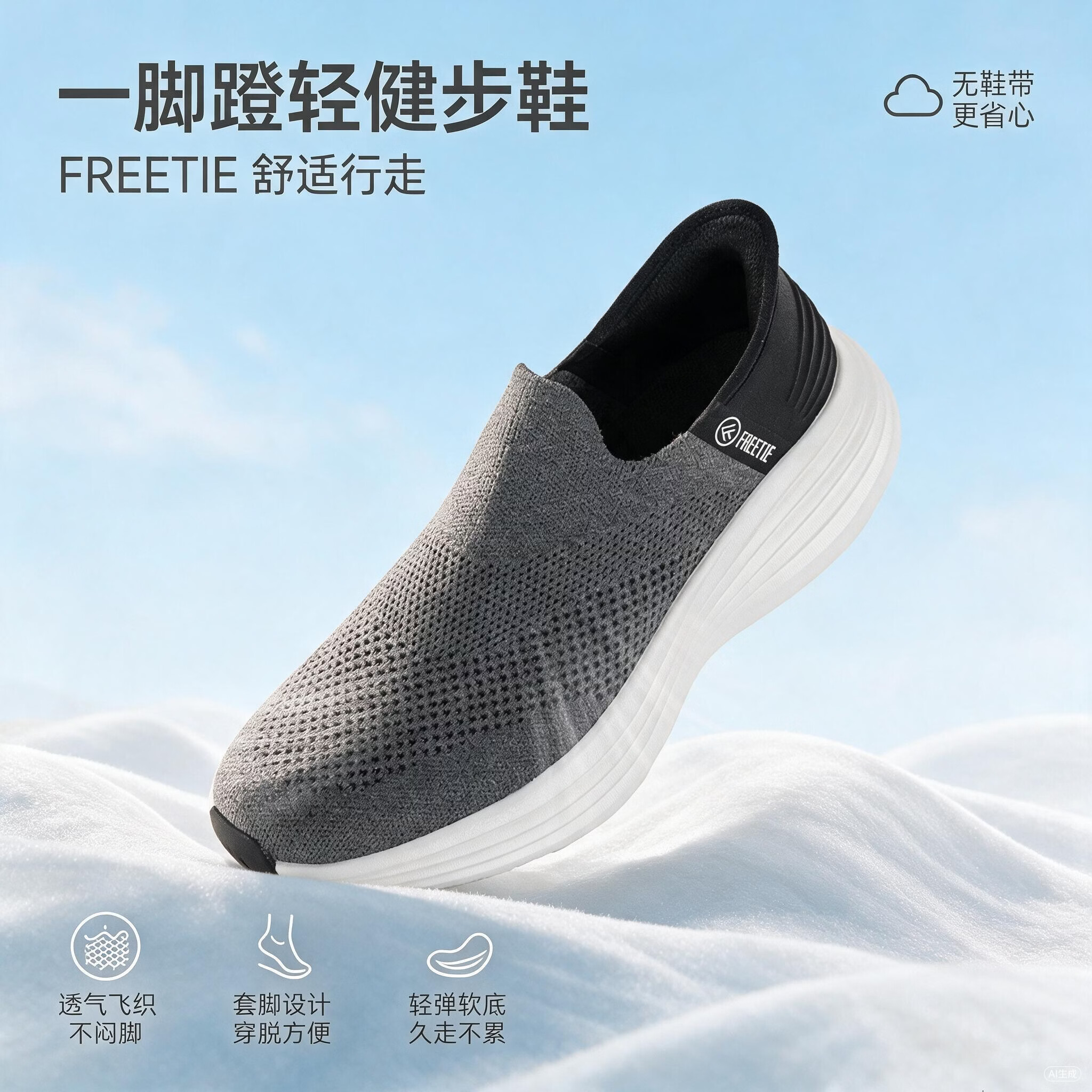 FREETIE快穿鞋男款透气纯棉网面一脚蹬运动鞋休闲鞋 浅灰色 44