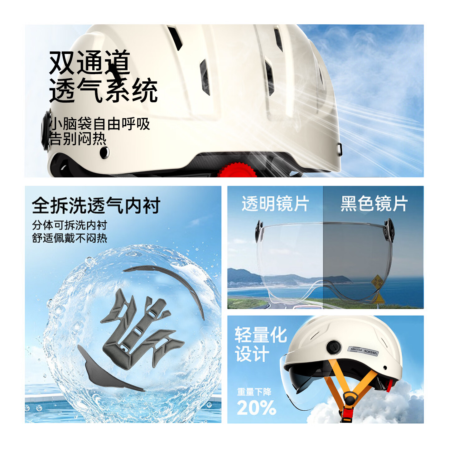 新日电动车头盔3c认证电瓶车头盔摩托车头盔电动车夏季防晒透气骑行安全半盔 远山灰【配高清长镜】_防晒内镜