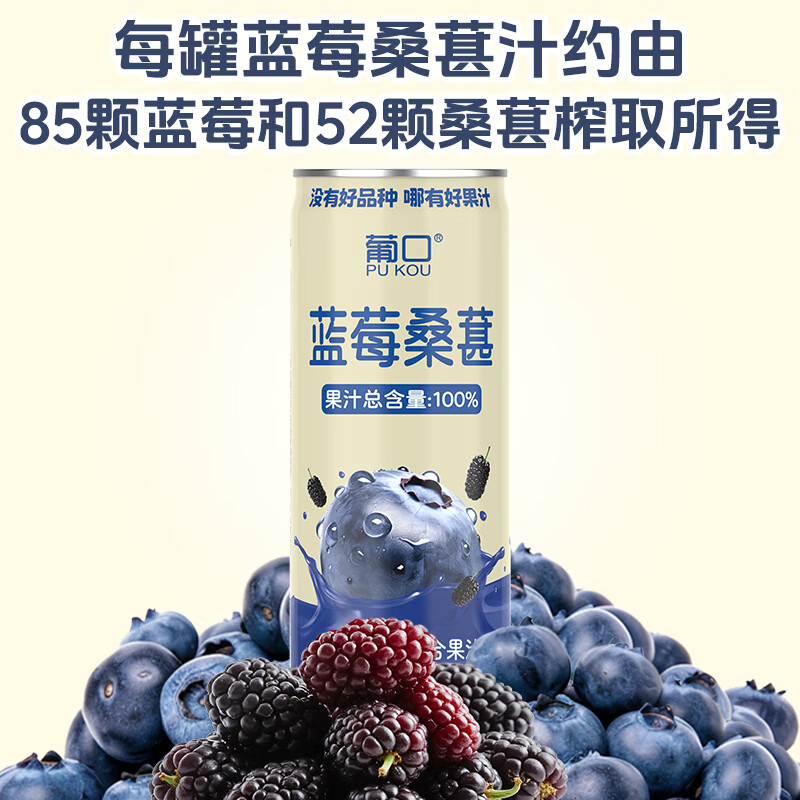 葡口(pukou)果肉饮料果汁清甜解腻饮料健康饮品干净0添加防腐剂 【蓝莓桑葚汁】320ml*6罐 0添加防腐剂