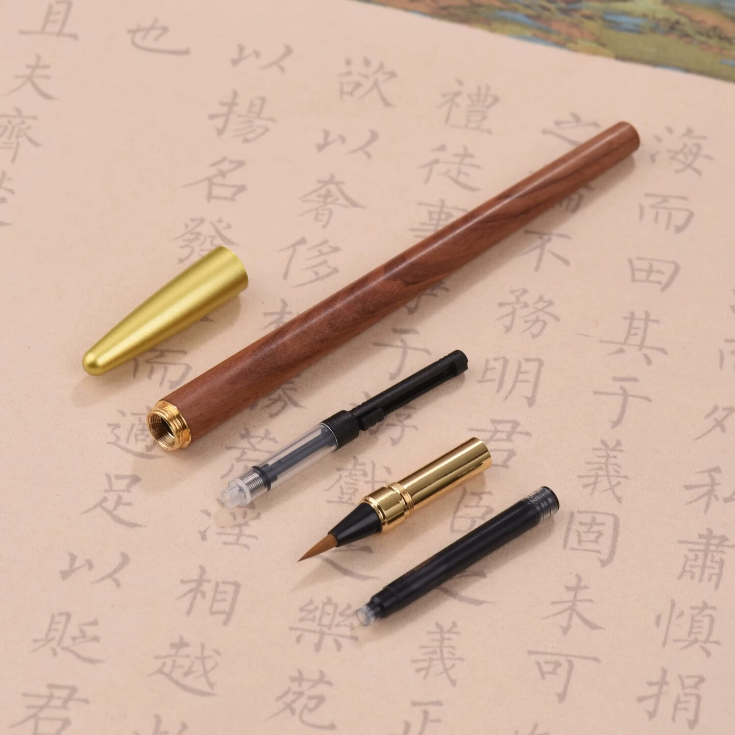 金克【匠心造】实木笔杆国风钢笔式毛笔小楷书法练字专用狼毫笔秀丽软笔头毛笔学生成人墨囊墨水练字笔 国风酸木枝上林赋礼盒套装 小楷