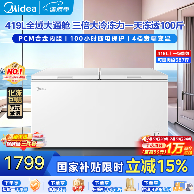 美的（Midea）302/419/518L单温家用冰柜冷藏冷冻柜两用大容量冷柜一级能效节能低霜冰箱以旧换新 419L 【钢板内胆】一级能效