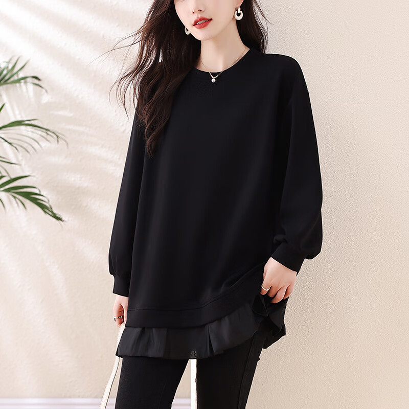 莎妮朵罗大码女装卫衣女宽松胖mm秋装新款中长款微胖遮肚T恤女上衣20490 黑色 L 建议100-115斤穿着