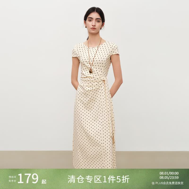 自巧小个子蓝色掐腰收褶中长款连衣裙女圆领短袖2026夏季新款裙子 白底黑点 S （尺码：3）