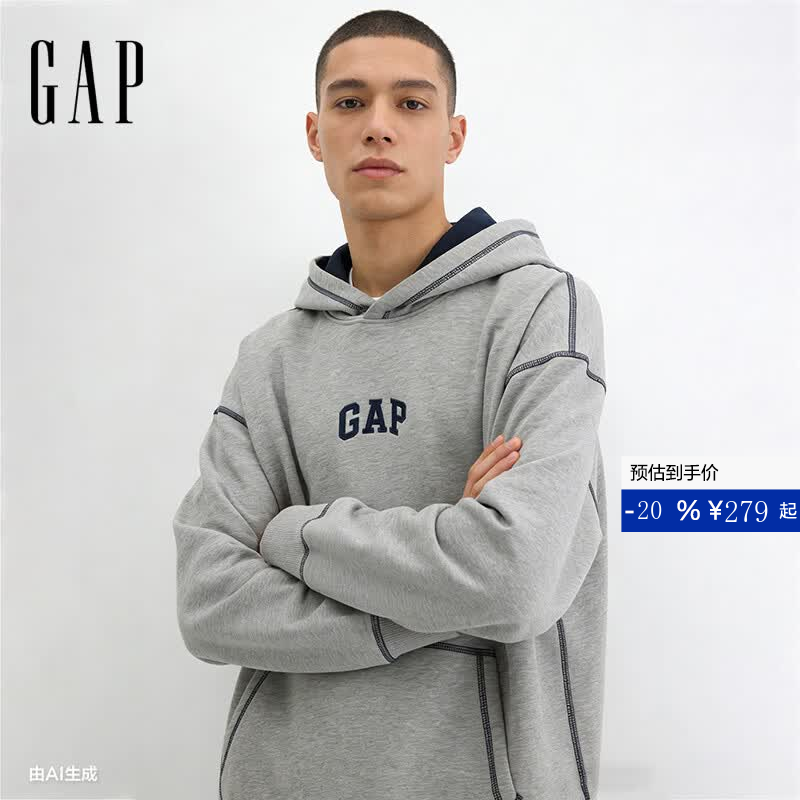 盖璞男女装早秋logo刺绣宽松套头连帽卫衣休闲上衣854688 浅灰色 L (175/96A) 亚洲尺码