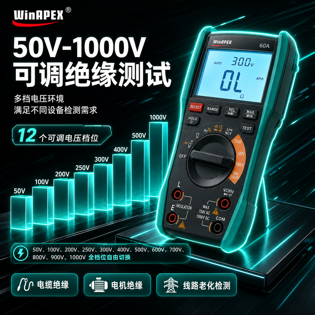WinAPEX绝缘表兆欧表万用表二合一 手持式绝缘电阻测试仪数字摇表  汉研HY60A【50V-1000V】可调电压