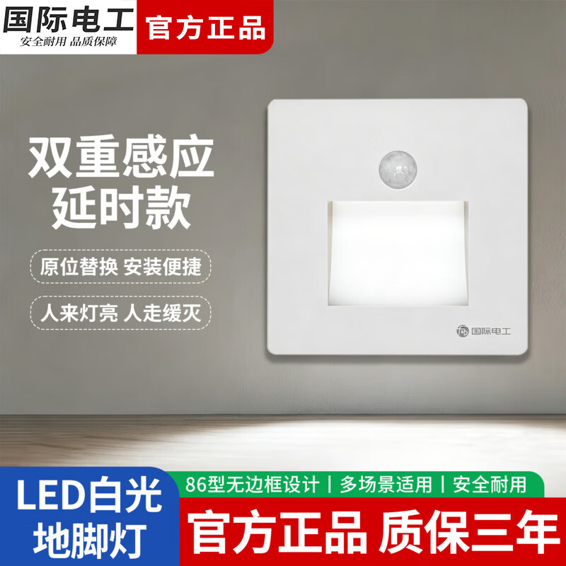 国际电工（FDD）地脚灯智能人体感应LED节能小夜灯86型嵌入式追光灯过道走廊灯 白色-白光【人体感应+光控】