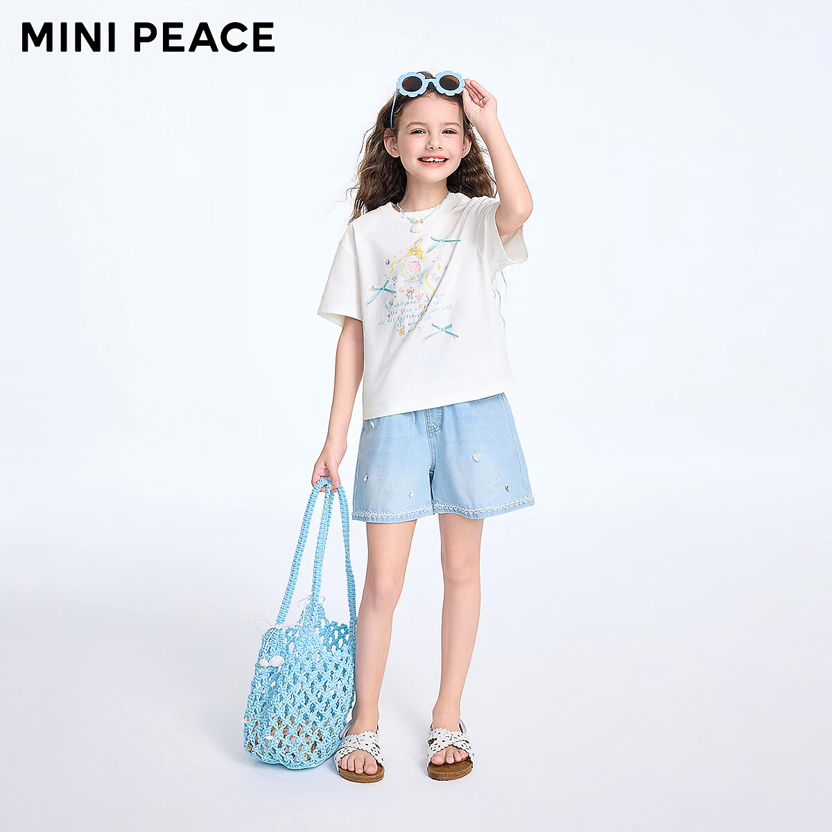 MiniPeace[凉感抑菌]太平鸟童装女童短袖T恤立体蝴蝶结贝壳夏装 耀白 130