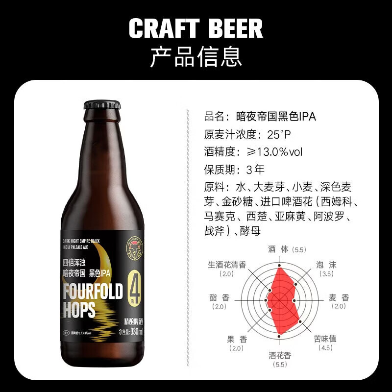 黑狸精酿 25度暗夜帝国黑色ipa啤酒整箱 高度烈性四倍浑浊重苦 330ml*2瓶(尝鲜装)