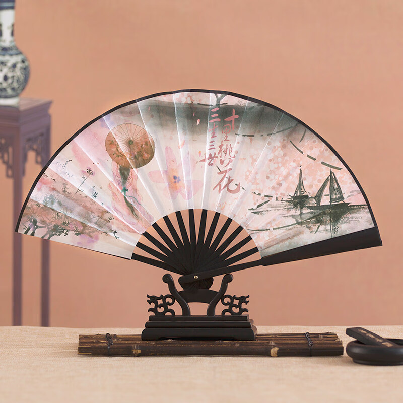 林木岛夏折扇中国风山水8寸古风随身男扇子定制八寸绢布纸扇清明上河