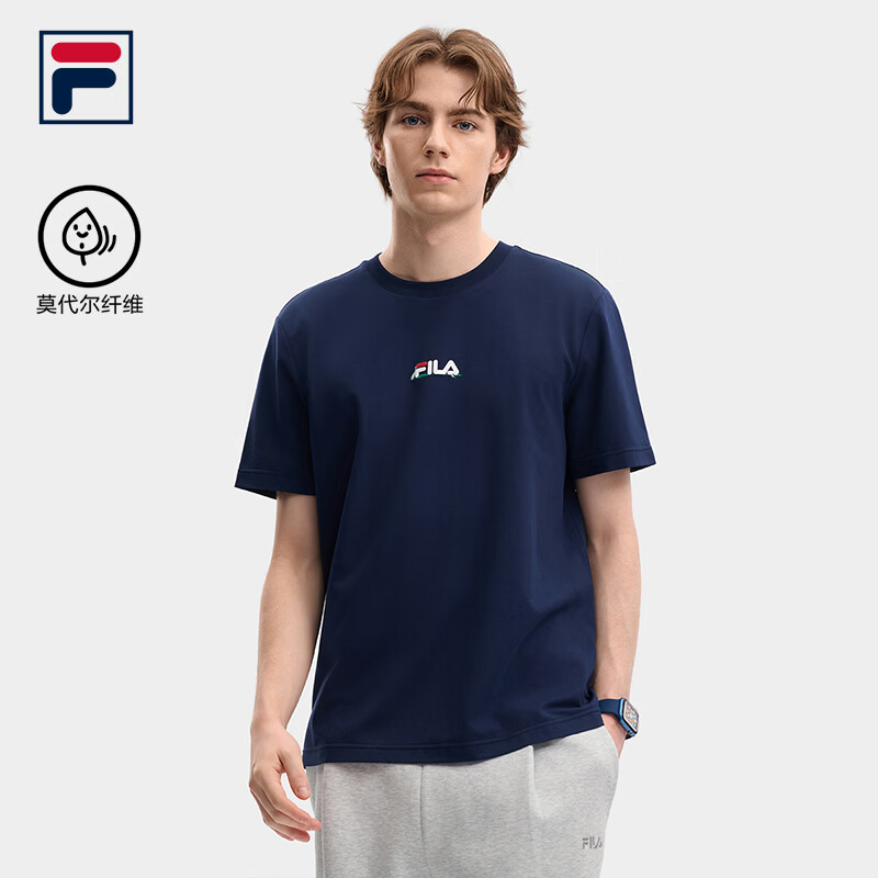 FILA 斐乐官方男子针织短袖衫2026秋新款网球运动上衣简约宽松T恤 藏烟蓝-DB L 175/96A/L