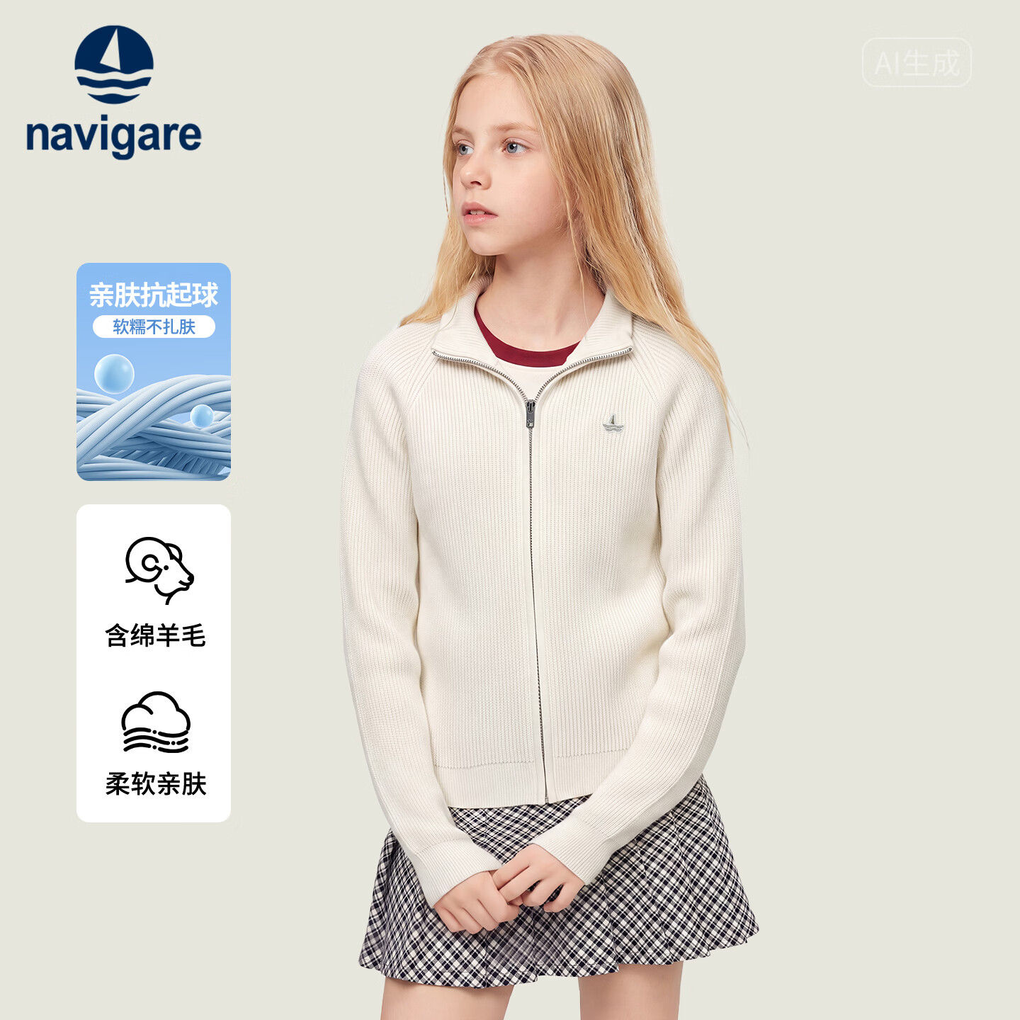 NAVIGARE意大利小帆船女童针织开衫儿童毛衣外套秋季新品 米白 160