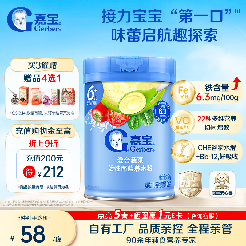 嘉宝（GERBER）混合蔬菜营养谷物高铁米粉宝宝辅食米糊250g新老包装随机发货