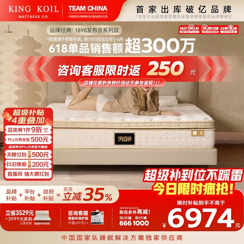 金可儿（Kingkoil）弹簧床垫五分区独立袋弹簧偏硬护脊1.8*2米 1898典藏版床垫 1898典藏版床垫【28cm|6度偏硬】品牌爆款 1.8米*2米