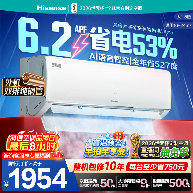 海信空调智省电ultra大薄荷大1.5匹一级冷暖挂机外机双排纯铜管世界杯定制KFR-35GW/A330UPro-X1（白）