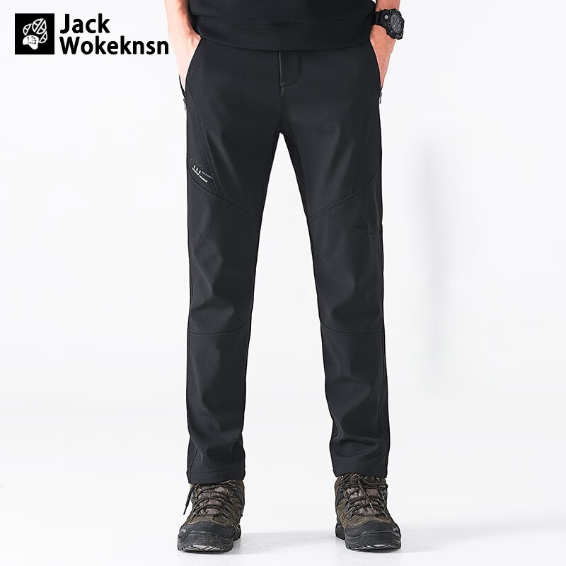 JACK WOKEKNSN狼爪云户外冲锋防风加绒秋冬男保暖女防水加厚软壳登山长裤新款 黑色-男款 2XL