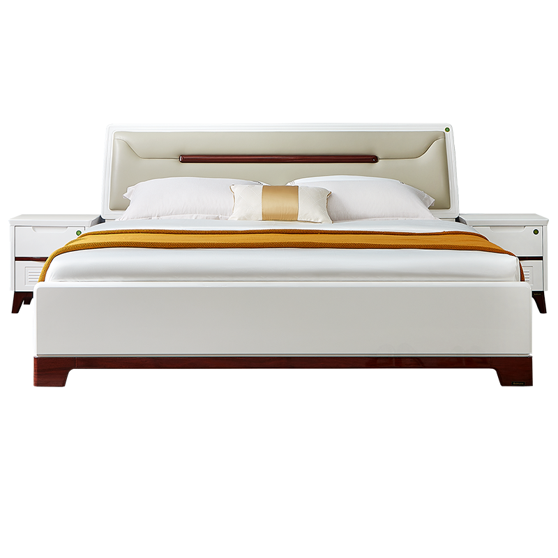 QuanU 全友 121806+105001+121806 简约板式床+床垫+床头柜 红胡桃木纹+雪域白 1.8m床