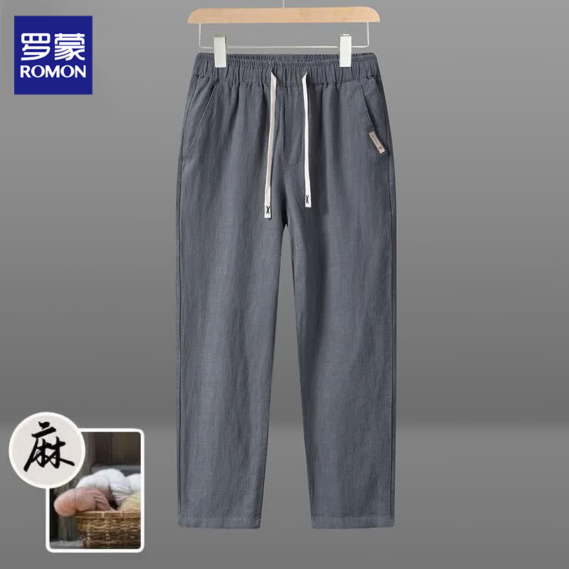 罗蒙休闲裤男士棉麻九分裤夏季薄款含苎麻裤透气复古休闲抽绳长裤子男 H8225原麻色 XL 约125-140斤