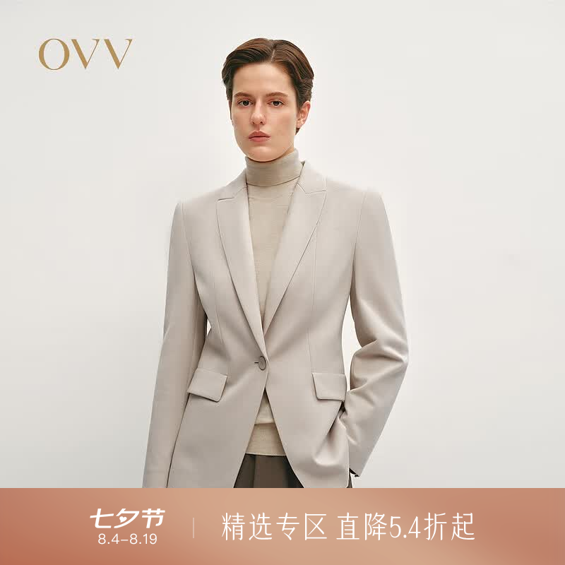 OVV秋冬热卖女装时尚修身戗驳领职业通勤休闲西服外套 白沙灰 XS
