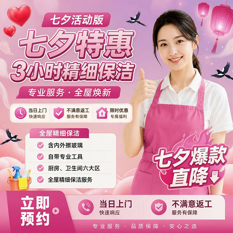 全屋深度保洁 家政保洁服务 精细深度保洁 全屋打扫上门清洁服务擦玻璃 日常保洁清理 同城服务保洁 【七夕特惠】精细保洁单人3小时(含双面擦窗)