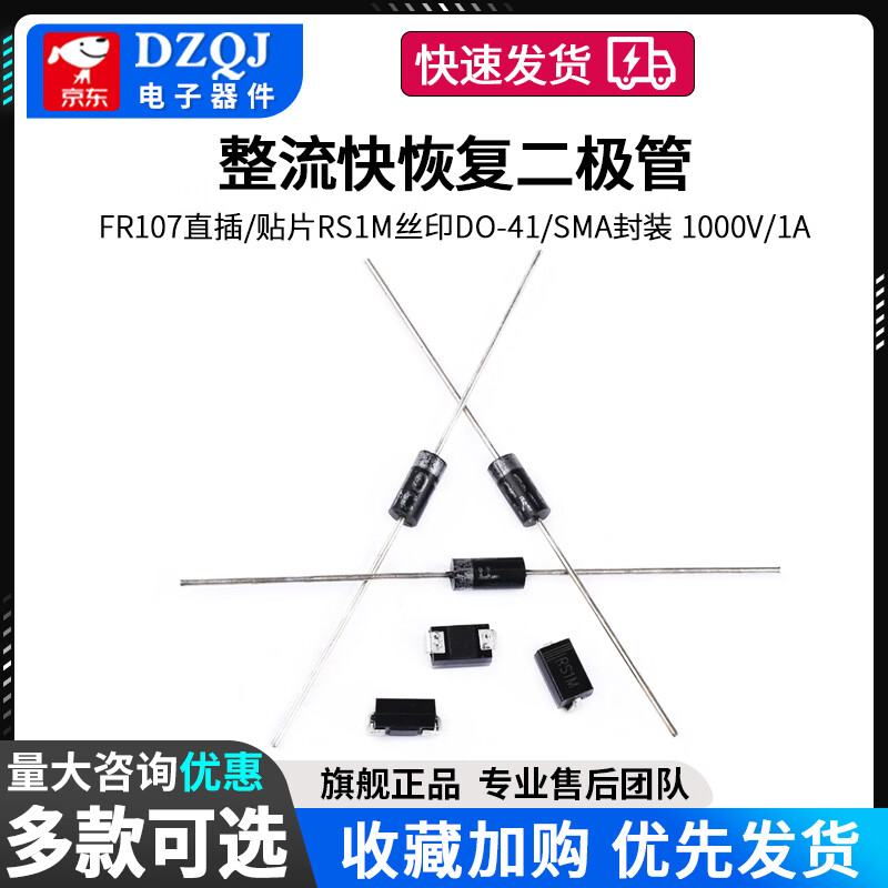 DZQJ 整流快恢复二极管FR107直插/贴片RS1M丝印DO-41/SMA封装 1000V/1A FR107贴片SMA丝印RS1M（50只） 无规格