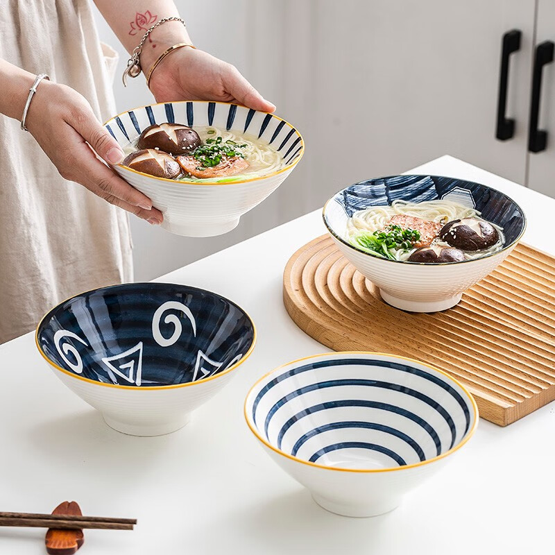 竹木本记日式斗笠碗家用陶瓷面碗汤碗釉下彩沙拉碗拉面碗泡面碗 8英寸斗笠碗4个图案随机