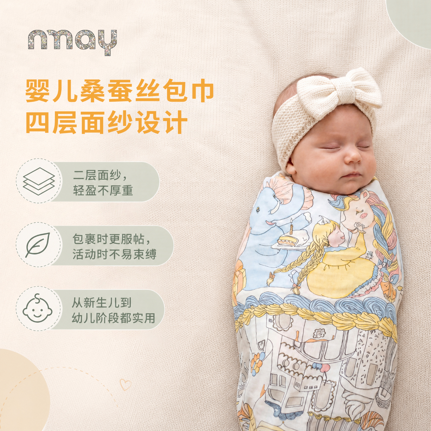 NMAY德国婴儿包被包巾竹纤维桑蚕丝盖毯防惊吓跳奢新生儿抱被四季款 星空生日派对 100*100