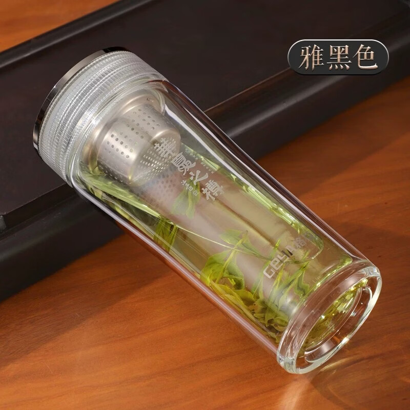 格亚(GEYA)GEYA格亚双层玻璃杯男士高档商务透明茶杯隔热泡茶水杯 雅黑色 380ml礼盒装