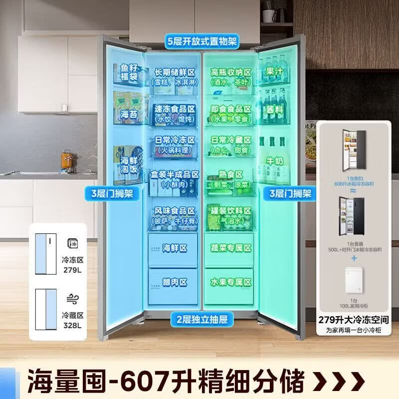 美的(Midea)冰箱637新款双开门607l对开门冰箱超大容量家用冰箱风冷无霜607新国标一级能效双变频节能大冷冻室 新品607升 MR-637WKPEA 榭湖银