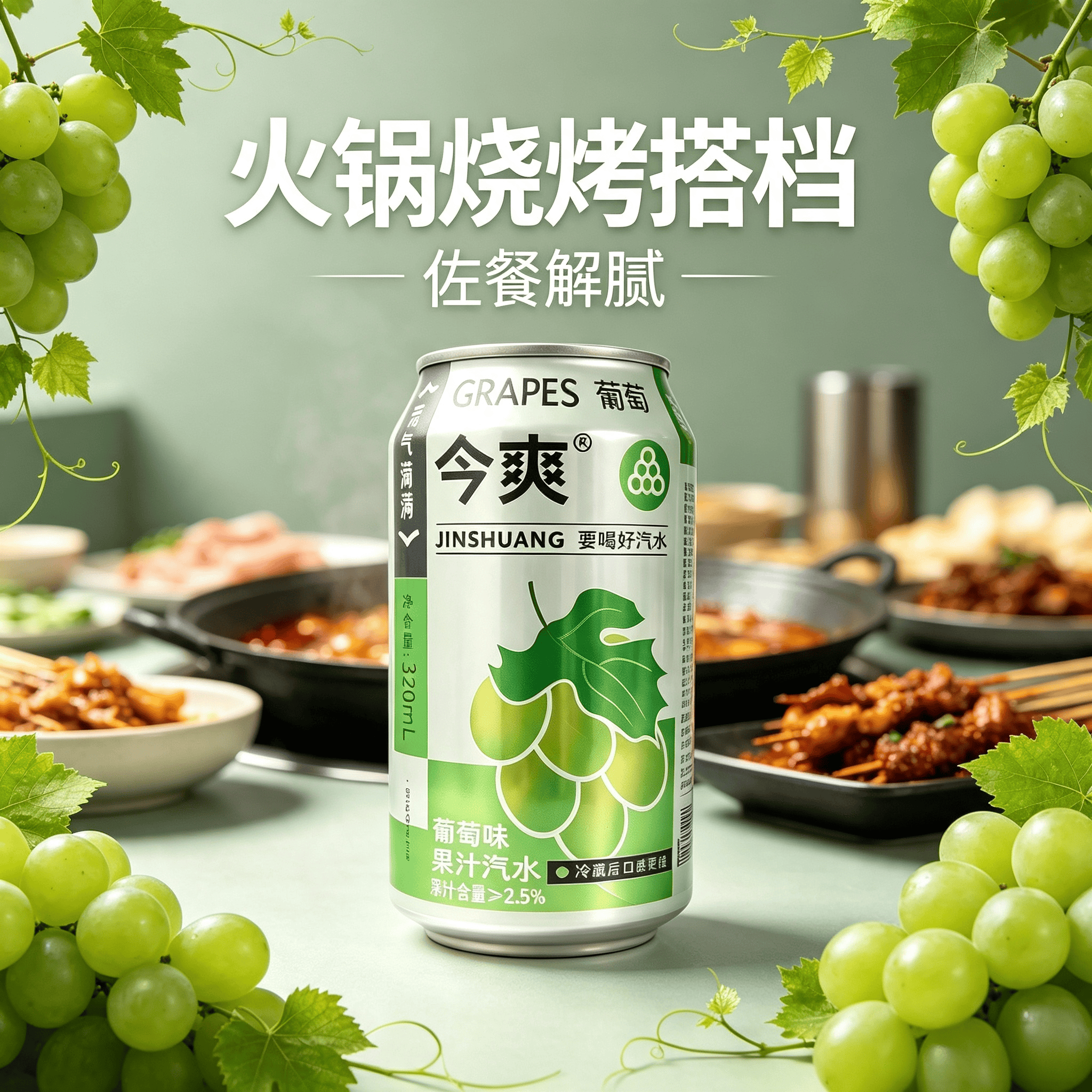 今爽葡萄汽水饮料气泡满满碳酸饮料320ml罐装气泡水果汁汽水厂家直发 24罐