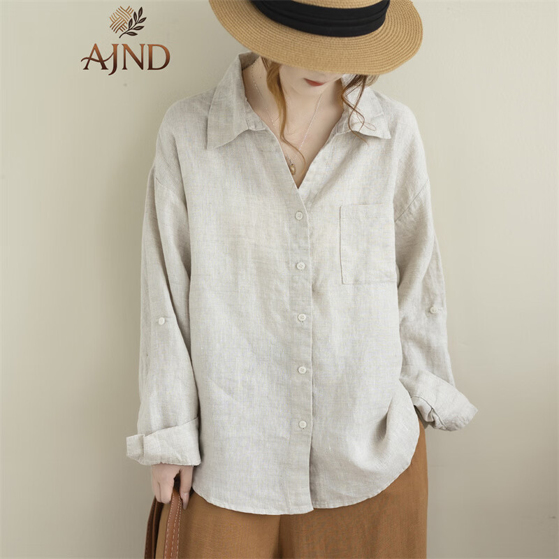 AJND老钱风文艺长袖衬衫女秋新款宽松100%汉麻V领衬衣女休闲大码上衣 麻本色 均码 偏大,建议120-150斤 京东折扣/优惠券
