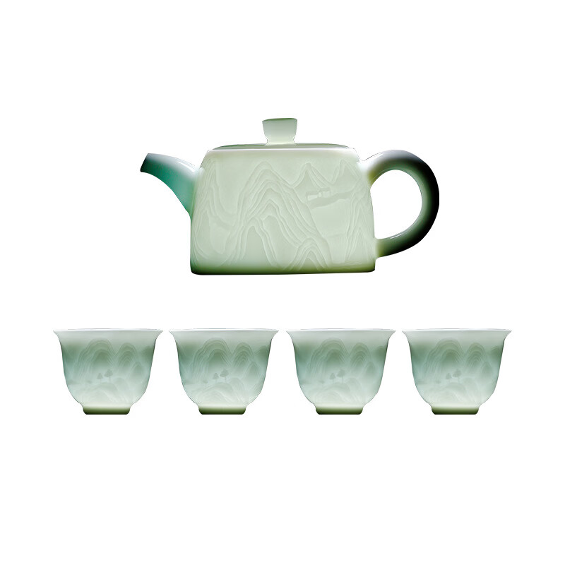 旅窑景德镇手工影青瓷功夫茶具套装陶瓷雕刻山水盖碗茶壶茶杯组合礼品 影青瓷千里江山茶具-16头豪华大套装【礼盒装】