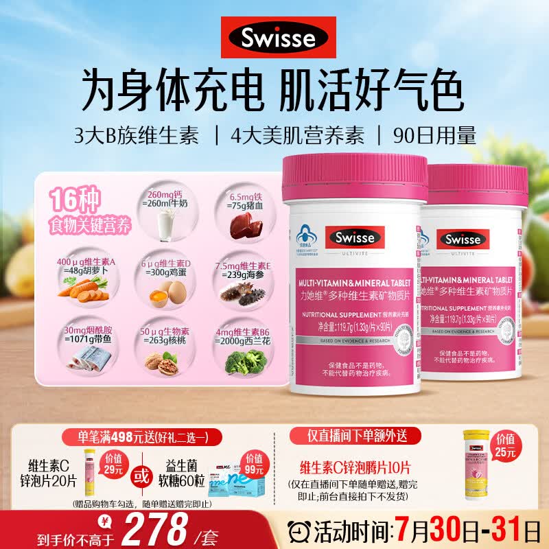 Swisse斯维诗力她维女士复合维生素矿物质片 含维生素B族维DEA 90片*2瓶