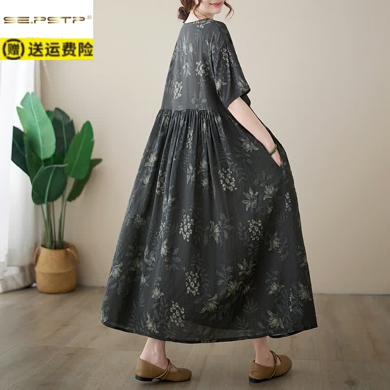 夏典素订女王(SE.PSTP)简约时尚长裙夏季新款加肥加大短袖圆领印花连衣裙棉麻高端女 图片色 均码 90-280斤
